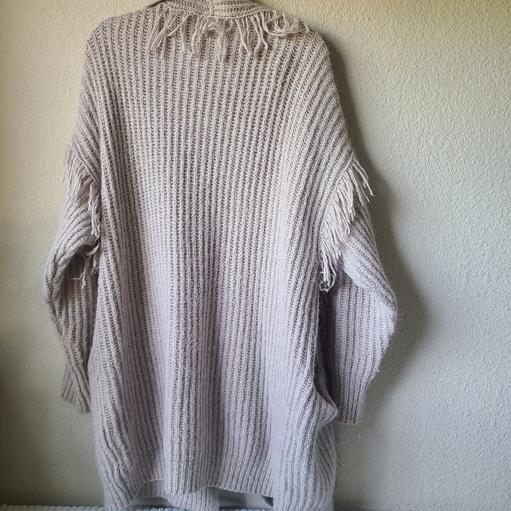 Anthropologie Amanza Fringed Cardigan Sweater Taupe Size XXS - Picture 2 of 9